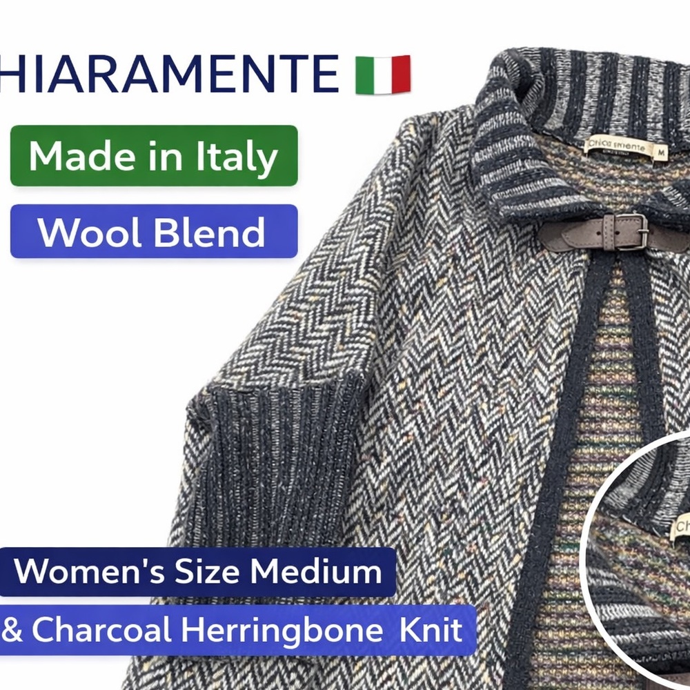 Chiaramente Italian Wool Blend Cardigan Sweater Women’s Medium Herringbone